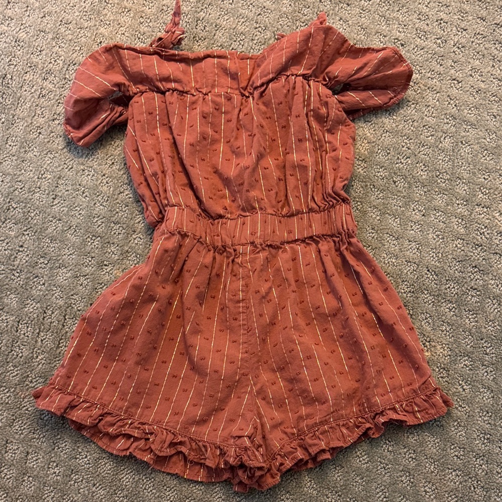 Janie & Jack Rust Ruffle Off-Shoulder Romper - Picture 3 of 3